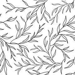 Fototapeta premium Elegant seamless vector pattern in line art style with branches and leaves for invitations, cards, print, gift wrapping, manufacturing, textile, fabric, wallpaper