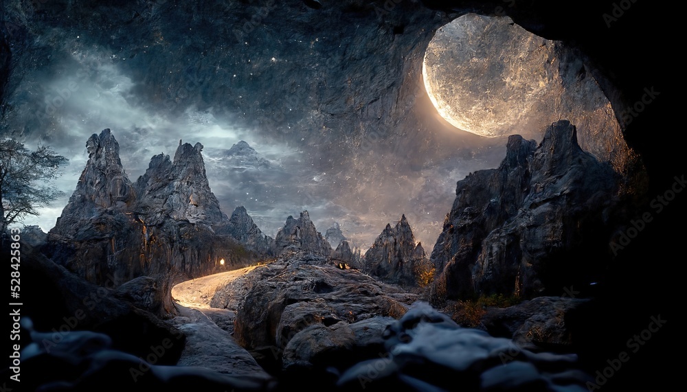 Poster the cave and the exit from it with views of the rocky mountains under the night sky, stars and the f