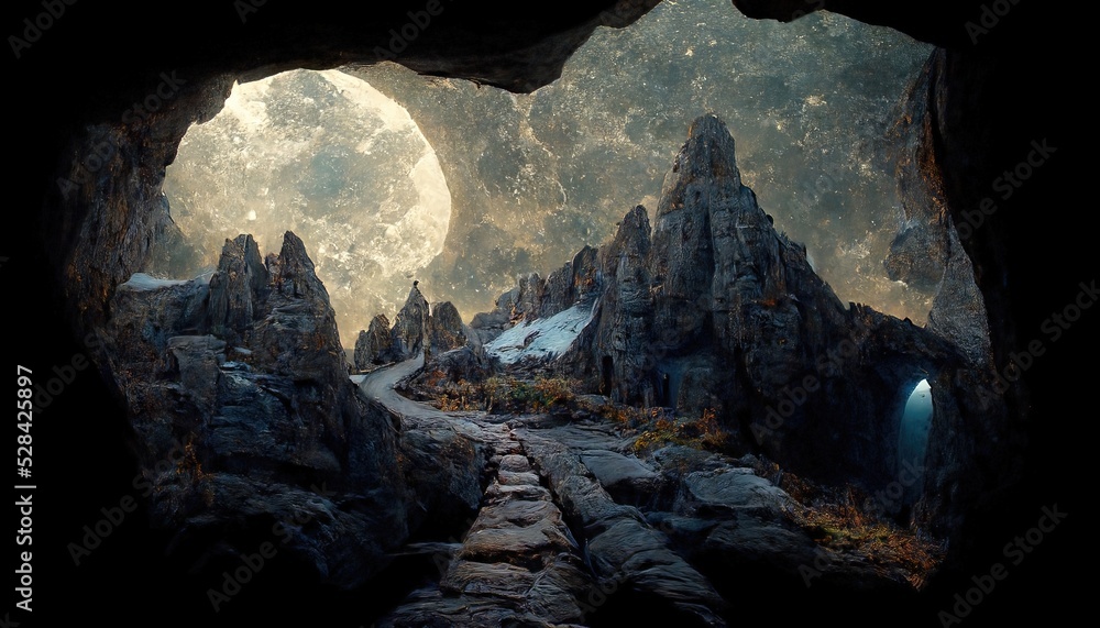 Poster Exit from the cave, rocky path leading to the mountains under the starry sky with the moon