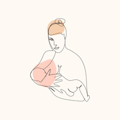World Breastfeeding Week.A linear drawing.Happy mothers day.Newborn baby sucking milk from mothers breast.Line art beige concept.Vector illustration.Observed from August 1-7.

