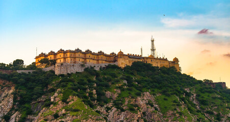 Hilltop View of Nahargarh Fort stands on the edge of the Aravalli Hills, overlooking the city of...