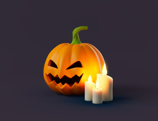 Simple halloween cartoon pumpkin with candles 3d render illustartion.