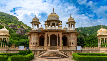 Fototapeta na wymiar View of The Beautiful Architecture of Gatore Ki Chhatriyan ,was responsible for maintaining the royal crematorium grounds.