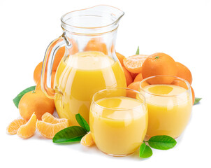 Glasses and carafe of fresh tangerine juice  and tangerine fruits isolated on white background.