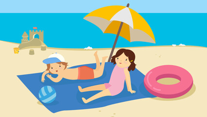 Children sunbathing on the beach under an umbrella, illustration