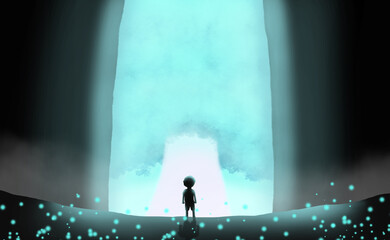 A boy standing in a cave looking at a wonderfully illuminated tree. Fantasy adventure concept. Digital art style. illustration painting