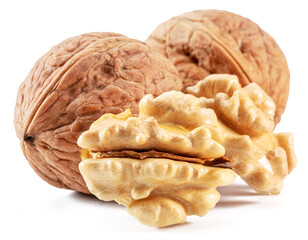 Walnuts and walnut kernel isolated on white background.