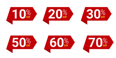 Discount label special offers with discount percentages vary from. 10, 20, 30, 50, 60 and 70 percent off price reduction promotion badge emblem design set vector illustration isolated on white backgro
