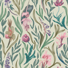 Tropical seamless floral pattern. Print with watercolor flowers and leaves