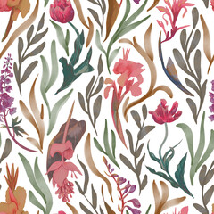 Tropical seamless floral pattern. Print with watercolor flowers and leaves