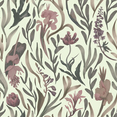 Tropical seamless floral pattern. Print with watercolor flowers and leaves