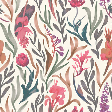 Tropical seamless floral pattern. Print with watercolor flowers and leaves