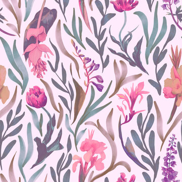Tropical seamless floral pattern. Print with watercolor flowers and leaves