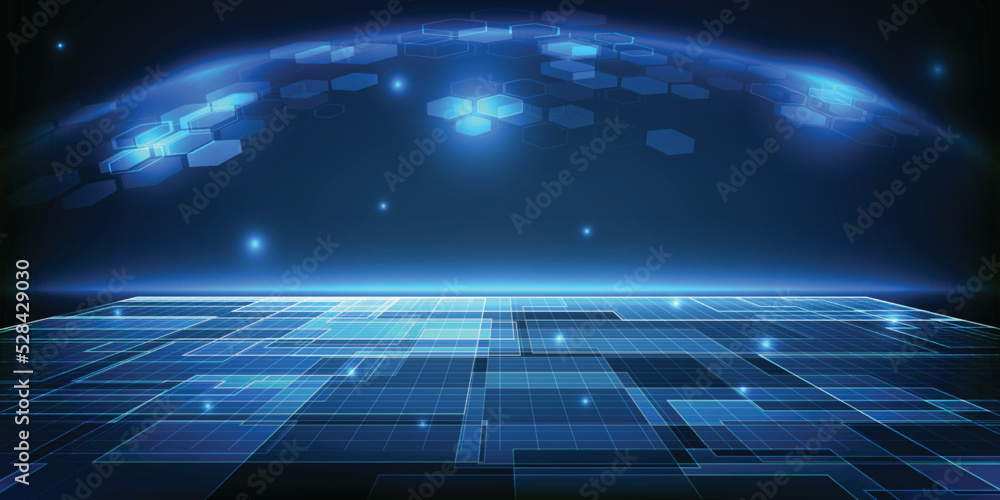 Poster abstract blue digital globe hi tech background horizontal tech empty space for advertising layout ar