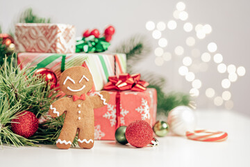 Christmas Decorations with Gingerbread man and Gift Box. Traditional holiday symbol. Christmas design.