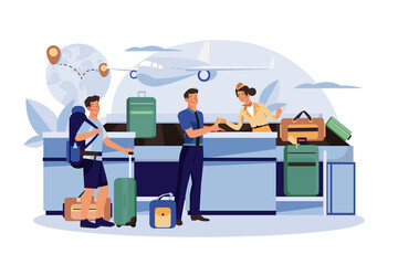 The flight attendant guides the passenger to check in at the counter