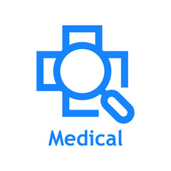 Logo de buscar atención médica. Silueta de cruz medicina con lupa lineal aislada