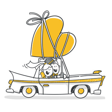 Strichfiguren / Strichm&auml;nnchen: Hochzeitsauto, Brautauto. (Nr. 836)