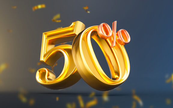 black Friday mega offer 50 percent discount with gold confetti 3d render concept for big shopping