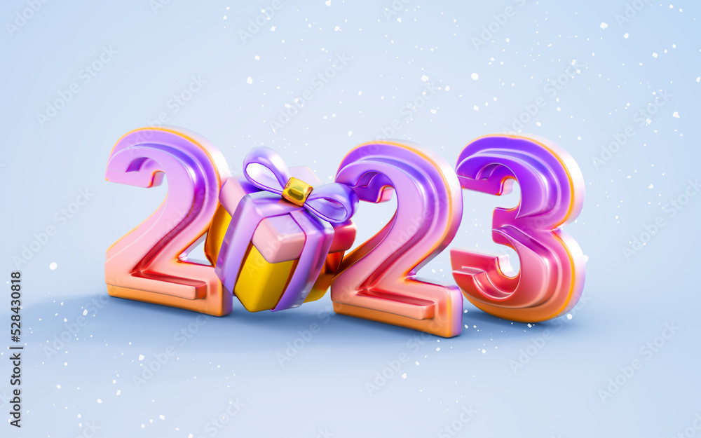 Poster happy new year 2023 banner template design with giftbox 3d render concept for new event coming