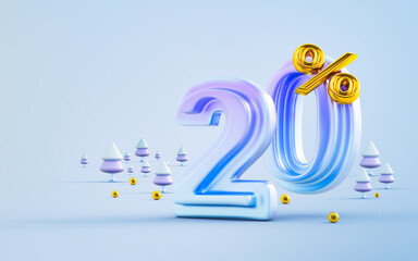 winter big sale offer 20 percent discount with Xmas tree 3d render concept for mega shopping event