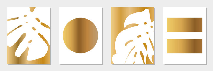 Abstract tropical art set. Monstera palm leaves and simple geometric and abstract shapes in golden gradient and white. Stylish vector minimalist wall art decor.