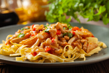 Traditional noodles with shimeji mushrooms and chicken. Prepared in a wok. Served on a gray plate.