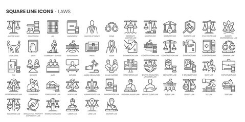 Law related, pixel perfect, editable stroke, up scalable square line vector icon set.