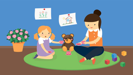 Obraz na płótnie Canvas The teacher is sitting on the floor with the girl and toys
