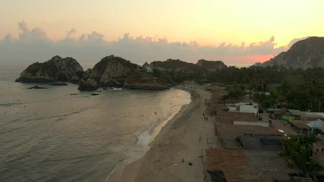 Aerial Of Maruata Beach During Sunset In Michoacan, Mexico - drone shot