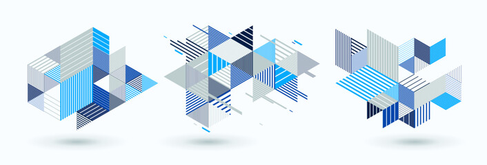 Line design 3D cubes and triangles abstract backgrounds set, polygonal low poly isometric retro style templates. Stripy graphic elements isolated. Templates for posters or banners, covers or ads.