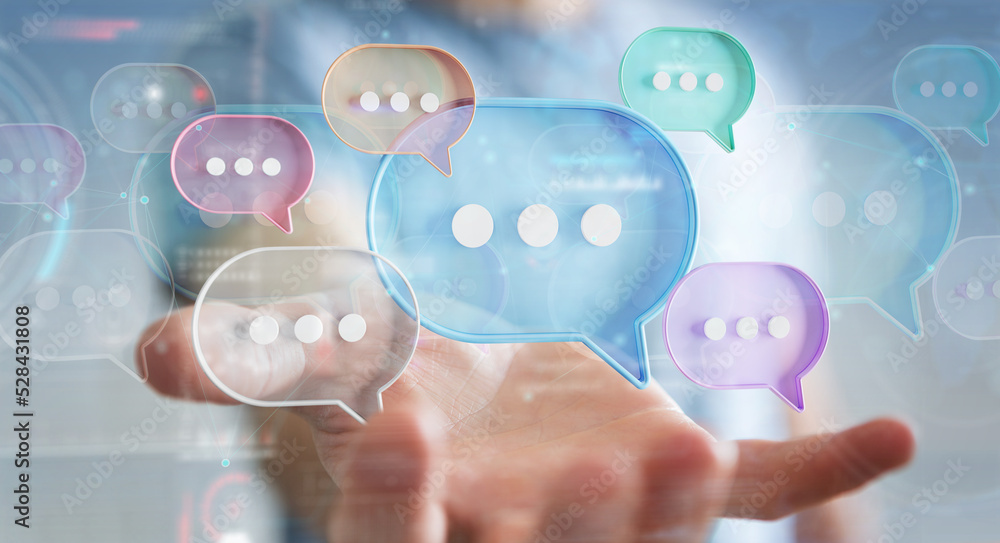 Wall mural businessman using digital speech bubbles talk icons. minimal conversation or social media messages f
