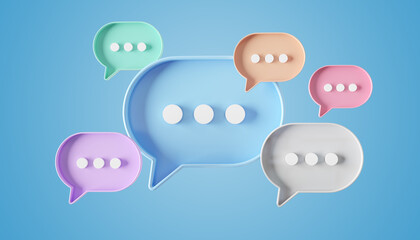 Minimalist blue red orange green purple speech bubbles talk icons floating over background. Modern conversation or social media messages with shadow. 3D rendering