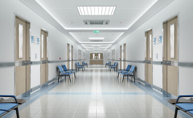 Long white hospital corridor with rooms and seats 3D rendering. Empty accident and emergency interior with bright lights lighting the hall from the ceiling