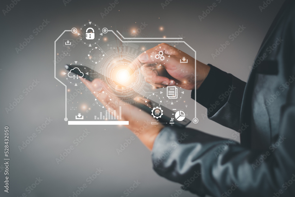 Poster businessman accessing the cloud computing technology internet storage network concept and a large da
