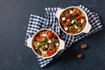 Traditional Greek cuisine. Lamb stew with feta cheese and vegetables.