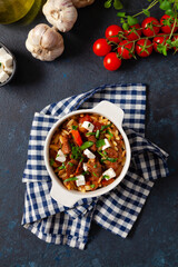 Traditional Greek cuisine. Lamb stew with feta cheese and vegetables.