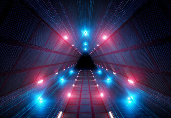 Futuristic interior corridor with blue pink neon lights walls. Triangle shaped spaceship background in space station. Pyramid style tunnel with lit path way. Cyber room with sci fi laser. 3d rendering © sdecoret