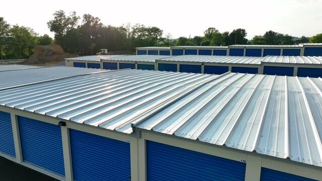 Aerial of self-storage units in USA. American rental buildings for month rental arrangement.