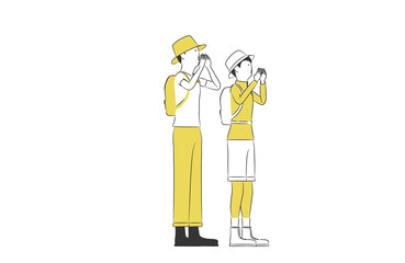 やまびこを聞く男女のシンプルなイラスト