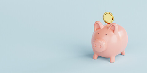 Golden coins putting to pink piggy bank, Money saving for investment and financial planing concept...