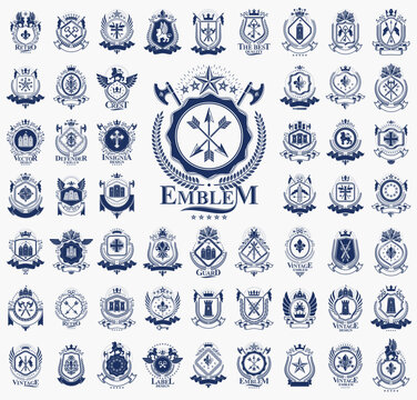 Heraldic Coat of Arms vector big set, vintage antique heraldic badges and awards collection, symbols in classic style design elements, family or business logos.