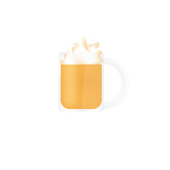 Pumpkin latte in a transparent glass mug with whipped cream on a stylish black background. Background with an invigorating and tonic drink. Mug of light beer with foam.