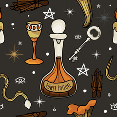 Seamless magic pattern. Vector illustration. Items for divination and magic. Mushrooms, potion, goblet, cinnamon, candle, key, snake. A symbol of witchcraft.