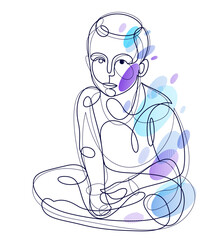 Cute beautiful boy vector line art monochrome illustration isolated, toddler kid artistic linear drawing.