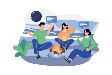 Happy Young Friends Sitting At Beach Bonfires In A Night Wood, Warming And Talking