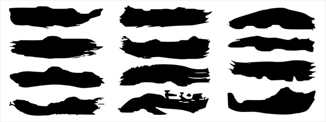 Vector collection of artistic grungy black paint hand made creative brush stroke set isolated on banner background. A group of abstract grunge sketches for design education or graphic art decoration