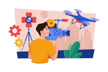 Videographer with professional studio equipment