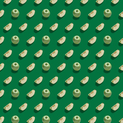 Pattern with green apples. A combination of whole and sliced apples, on a green background.