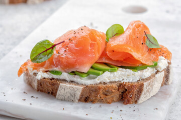 Smoked salmon and avocado on toast , Breakfast food